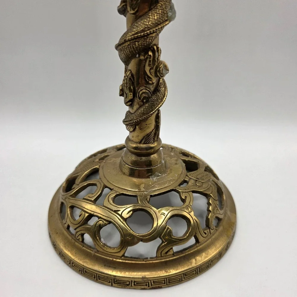 Vintage Brass Dragon Candlestick Holder Ornate Filigree Base 10 Inch Chinoiserie